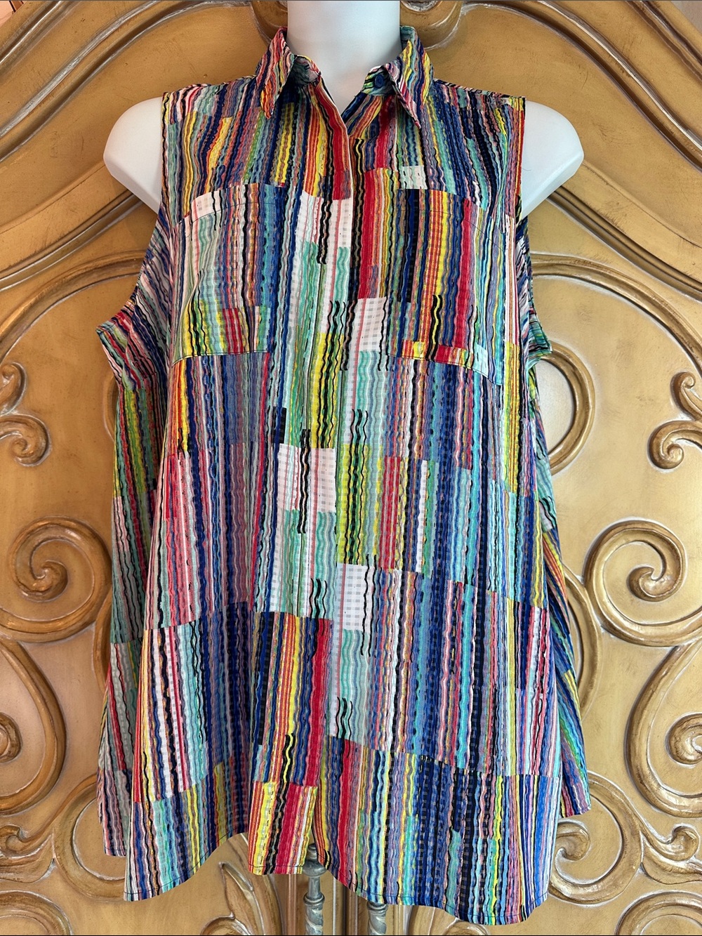 Avenue Sleeveless Multicolor Striped Button-Front Tunic
